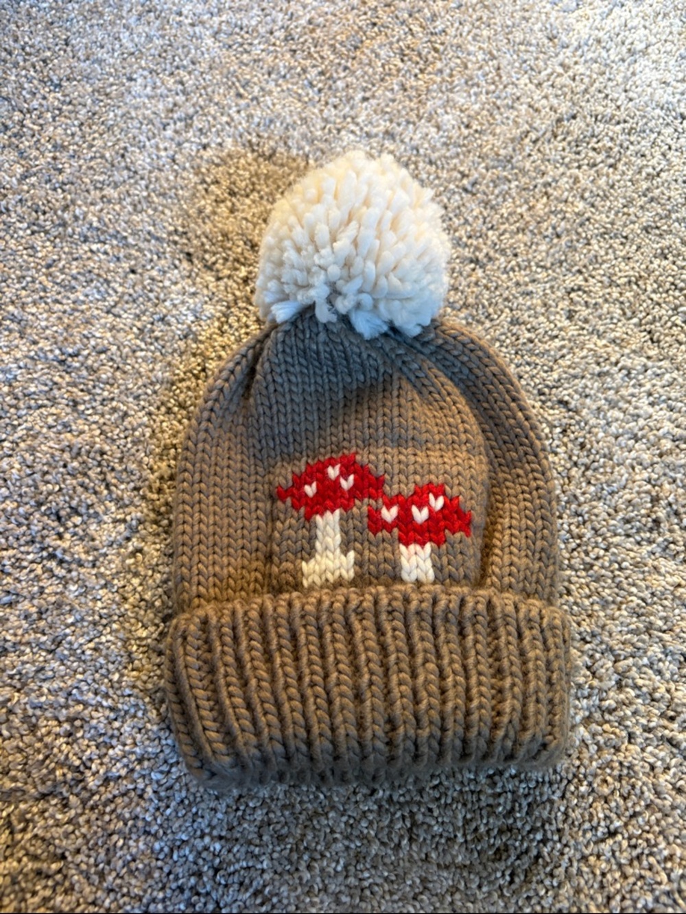 Abby & Evie Gray/Brown Knit Pom Beanie with Red Mushroom OS KIDS
